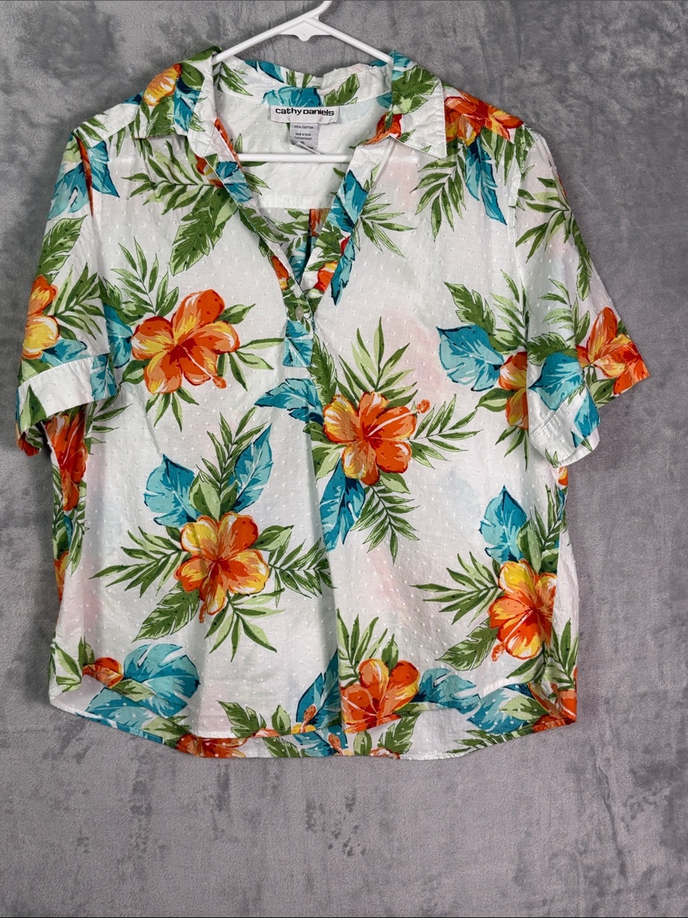 Cathy Daniel’s White Floral Tropical SS Button Collared Top Shirt Women Size XL